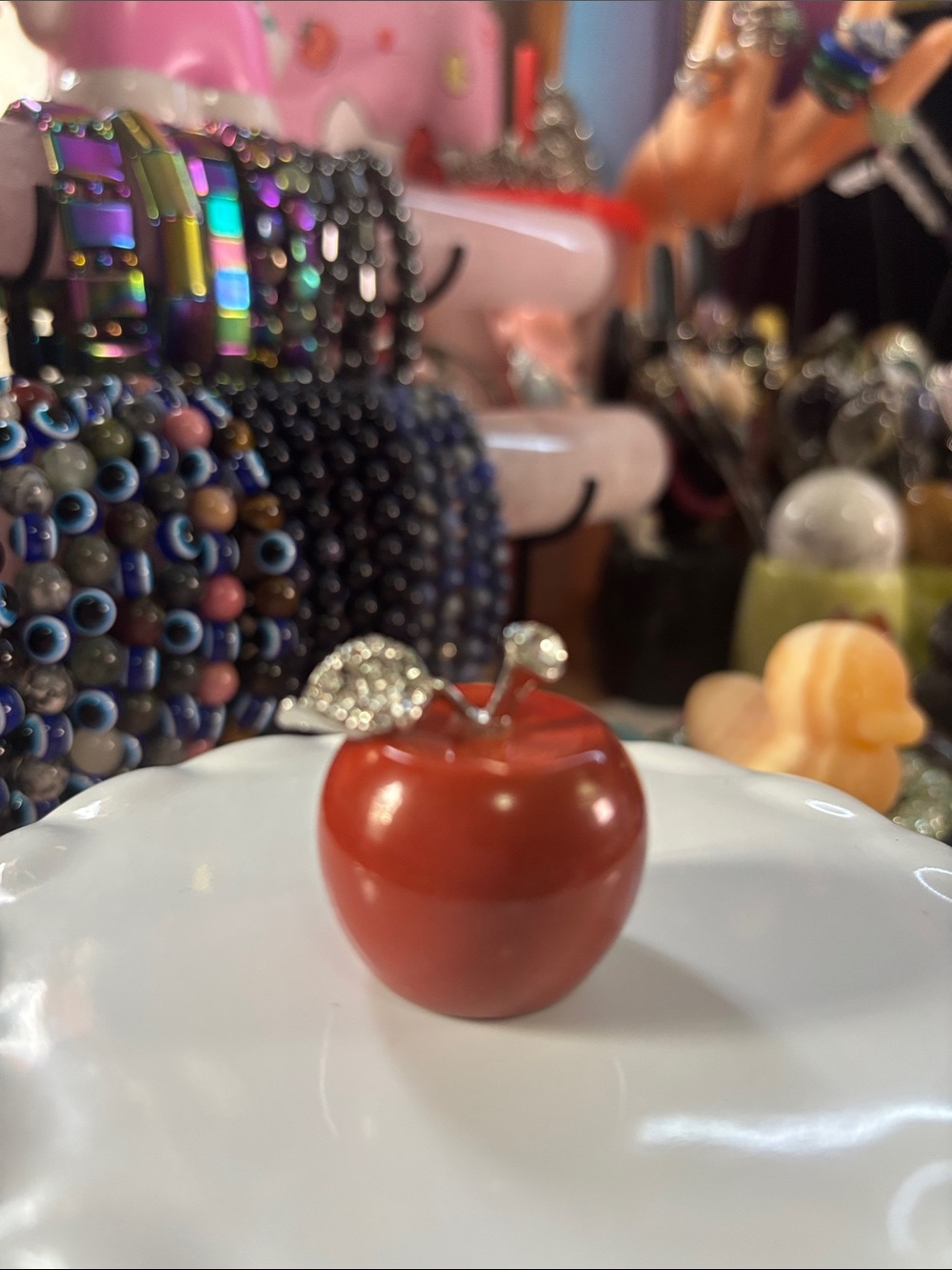 Glossy Red Jasper Apple Carving with Rhinestone Leaves